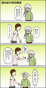 【NG例】 メロドラマになっちゃったを表す4コマの漫画。  1コマ目。認知症の帰宅願望の影響で「家に帰りたい…」と泣いているご利用者様。  2コマ目。職員はどうしたの？と声をかける。  3コマ目。職員は「傾聴と共感よね」と思いながら「そうなの。家に帰りたいよね、かわいそうに…」と声をかける。  4コマ目。ご利用者様はさらに激しく泣き出してしまう。