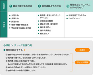 介護技術評価基準の評価項目を表した図。「基本介護技術」「利用者視点での評価」「地域包括ケアシステム＆リーダーシップ」を大項目とし、更にそれぞれに中項目・小項目・チェック項目に分かれて介護技術評価基準が記載されている。