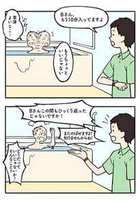 NG事例「Bさんまたのぼせますよ！」を表す2コマの漫画。  1コマ目。ご利用者様がのんびり入浴している。職員は「Bさん、もう10分入ってますよ」と声をかけるが、まだ入っていたい様子。  2コマ目。職員が「Bさんこの間もひっくり返ったじゃないですか！またのぼせますよ！知りませんからね！」と声をかけると、「どうだっていいじゃないか！そんなこと！」と怒りだしてしまう。
