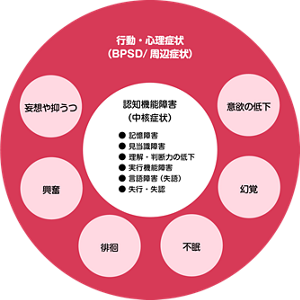 中核症状とBPSD（周辺症状）の違いを表す図。