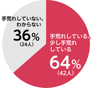  医療・介護従事者66名の⼿荒れの状況を調査した結果を円グラフにしたもの。⼿荒れしている・少し⼿荒れしている人は64％、⼿荒れしていない・わからない人は36％。