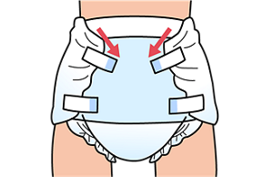 おむつの上のテープを斜め下向きに止めているイラスト