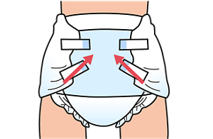 おむつの下のテープを斜め上向きに止めているイラスト