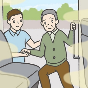 デイサービスの送迎車においてご利用者様が車内にこもったニオイを気にしている様子のイラスト