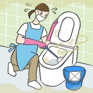 介護施設の職員がトイレ掃除の際にニオイが取れない様子のイラスト