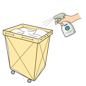 すぐに洗えない衣類に「リセッシュ除菌EX 消臭ストロング」をスプレーしている様子のイラスト