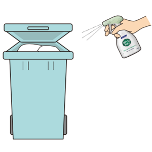 廃棄前のおむつの一時保管場所に「リセッシュ除菌EX 消臭ストロング」をスプレーしている様子のイラスト