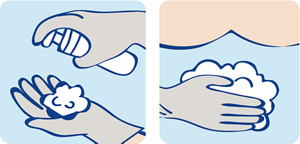 ソフティ 泡洗浄料の使用イメージイラスト。泡を手に取り、手にとった泡を肌にあてているイラスト。
