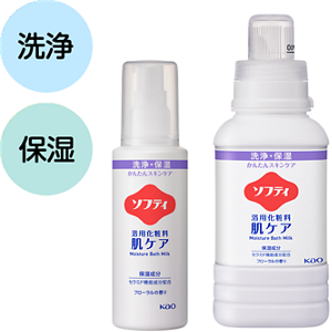 ソフティ 浴用化粧料肌ケア 120mlと400mlの製品画像。洗浄、保湿に使用する。