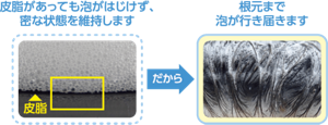 皮脂があっても泡がはじけず、密な状態を維持します　だから　根元まで泡が行き届きます