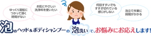 ゆっくり湯船に使っていただく時間がない　お肌にやさしい洗浄料を使いたい　何回すすいでもすすぎ切れている感じがしない　泡立て作業に時間がかかる　泡のヘッド＆ボディシャンプーの泡洗いで、お悩みにお応えします！