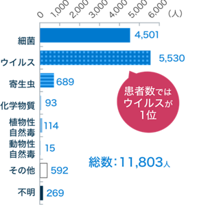 2023年の食中毒患者数を表した棒グラフ。総数：11,803人。細菌：4,501人。ウイルス：5,530人。寄生虫：689人。化学物質：93人。植物性自然毒：114人。動物性自然毒：15人。その他：592人。不明：269人。 患者数ではウイルスが1位。