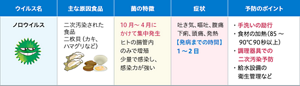 ウイルス性食中毒の表。 〈ノロウイルス〉 主な原因食品：二次汚染された食品二枚貝（カキ、ハマグリなど） 菌の特徴：10月～4月にかけて集中発生ヒトの腸管内のみで増殖少量で感染し、感染力が強い　 症状：吐き気、嘔吐、腹痛下痢、頭痛、発熱　発病までの時間：1～2日　 予防のポイント：・手洗いの励行・食材の加熱（85～90℃90秒以上）・調理器具での二次汚染予防・給水設備の衛生管理など