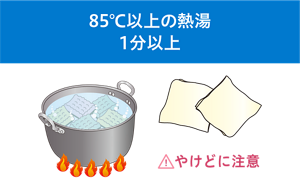 85℃以上の熱湯で1分以上加熱消毒しているイラスト（やけどに注意）