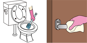 トイレの清掃を行っているイラスト。ドアノブも念入りに清拭する。