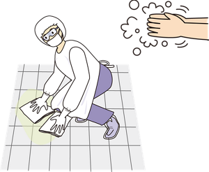 吐物の適切な処理と手指衛生を行っているイラスト