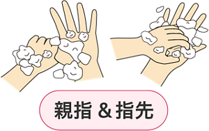 手の親指を別の手で握りこすり洗うイラストと、手の平を別の手の指でこすり洗うイラスト