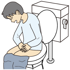 腹痛でトイレに座っている人のイラスト。