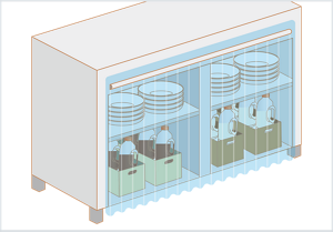 飛沫防止カーテンのついた棚に器具等を保管しているイラスト