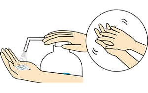 ポンプ式のボトルから手指用消毒剤を手にとり、両手に揉み込んでいるイラスト。