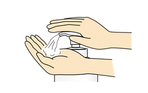 ポンプ式のボトルから手指用洗浄剤を手にとっているイラスト