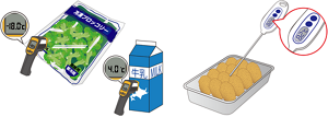 食品の温度を計っているイラスト。冷凍ブロッコリー マイナス18度、牛乳4度、コロッケ82度。