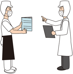 保管していた記録を保健所の食品衛生監視員に見せている様子のイラスト。