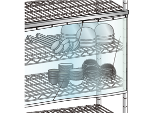 飛沫防止カーテンのついた棚で調理器具を保管しているイラスト