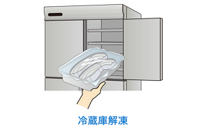 冷凍した食品を冷蔵庫に移して低温解凍しているイラスト