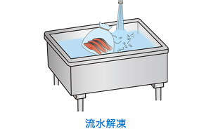 冷凍した食品を「飲用適」の水を使用した流水解凍を行っているイラスト