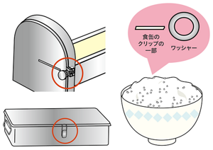 調理器具や保管容器の部品が料理の中に混入してしまっているイラスト。