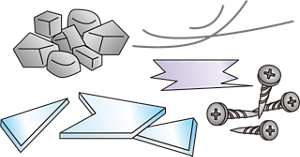 土砂・ガラス片・プラスチック片・金属片（釘・針金など）のイラスト。