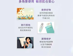 多场景使用 敏感肌也安心  换季好物：及时舒缓改善因换季气候变化带来的干燥泛红  旅行搭档：自信应对环境变化，稳定肌肤状态  屏障修护：帮助修护肌屏障，以及干燥粗糙和泛红起皮