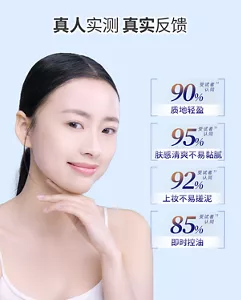 90%质地轻盈 95%肤感清爽不易黏腻 92%上妆不易搓泥 85%即时控油