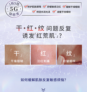 修护肌肤屏障 舒缓敏感泛红 缓解干燥粗糙 缔造水润光泽 减缓干纹细纹 干·红·纹 问题反复 诱发「红荒肌1」？ 如何缓解肌肤反复敏感烦恼？