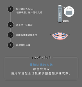 ①轻轻转出2-3mm， 轻触嘴唇，被体温软化后 ②从上往下竖着涂 ③从嘴角往中间横着图 ④根据唇形涂抹 onePoint 叠加涂抹的次数， 颜色会变深 使用时请配合场景来调整叠加涂抹次数。