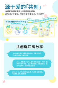 源于爱的「共创」 从最初的研发需求、包装设计到昵称 由300+1位宝妈、 宝爸共同投票参与，共创而生 上百位爸爸妈妈共同参与 得票率最高设计  共创群口碑分享 @hana:看得出来真的很用心啦，好有参与感， 产品的包装设计都很好看 @Mm.萌萌哥：有种众望所归的成就感，大家一起 参与了每个环节，设计师又整合了大家的意见一起 设计出来的，觉得特别有感触 @Nikki：几个月的投票与选择，让我参与感很强， 对这个新品充满了期待