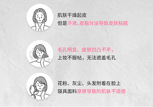 肌肤干燥起皮 但是汗液、皮脂分泌导致皮肤粘腻 毛孔明显、皮肤凹凸不平， 上妆不服帖，无法遮盖毛孔 花粉、灰尘、头发附着在脸上 寝具面料摩擦导致的肌肤不适感