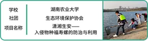 学校：湖南农业大学　社团：生态环境保护协会　项目名称：潇湘生安—入侵物种福寿螺的防治与利用
