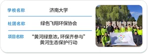 学校名称 济南大学　社团名称 绿色飞翔环保协会　项目名称 “黄河绿意浓，环保齐参与”黄河生态保护行动