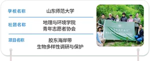 学校名称 山东师范大学　社团名称 地理与环境学院 青年志愿者协会　项目名称 胶东海岸带 生物多样性调研与保护