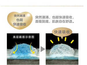 突然潮涌 也能 快速吸收 突然潮涌，也能快速吸收， 直吸到底，肌肤自在舒适。 表层截面示意图 快速吸收