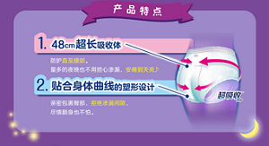 1.48cm超长吸收体 防护直至腰部。  量多的夜晚也不用担心渗漏，安睡到天亮 2. 贴合身体曲线的塑形设计 亲密包裹臀部，拒绝渗漏间隙， 尽情翻身也不怕。