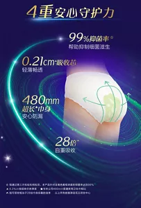4重安心守护力 99％抑菌率 帮助抑制细菌滋生 0.21cm吸收芯 轻薄畅透 480mm 超长巾身 安心防漏 28倍 自重吸收