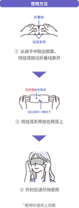 使用方法 ①从袋子中取出眼罩，将挂耳按沿折叠线撕开 ②将挂耳系带挂在两耳上 ③开封后请尽快使用