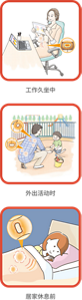 工作久坐中 外出活动时 居家休息前