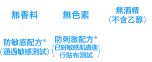 無香料、無色素、無酒精（不含乙醇）、防敏感配方*(通過敏感測試)、防刺激配方*(已對敏感肌膚進行貼布測試)