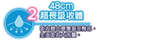 48cm 超長吸收體 吸收體由腰覆蓋至臀部，全面吸收大流量。
