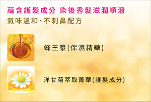 蘊含護髮成分 染後秀髮滋潤順滑 氣味溫和、不刺鼻配方 