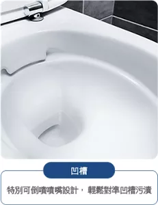 凹槽：特別可倒噴噴嘴設計，輕鬆對準凹槽污漬